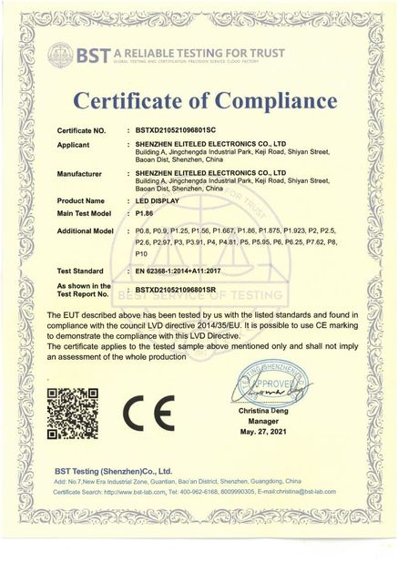 Κίνα Shenzhen EliteLED Electronics Co.,Ltd Πιστοποιήσεις