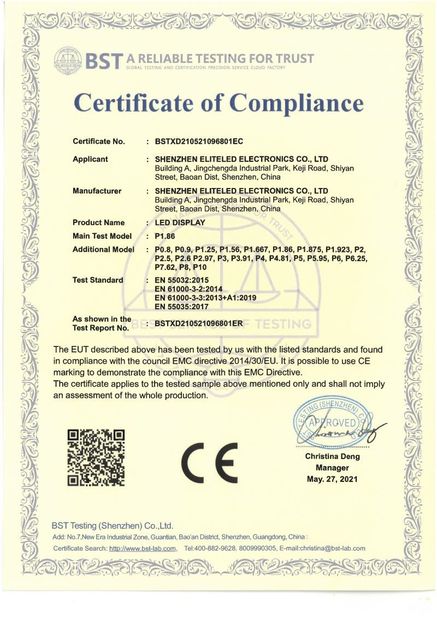 Κίνα Shenzhen EliteLED Electronics Co.,Ltd Πιστοποιήσεις